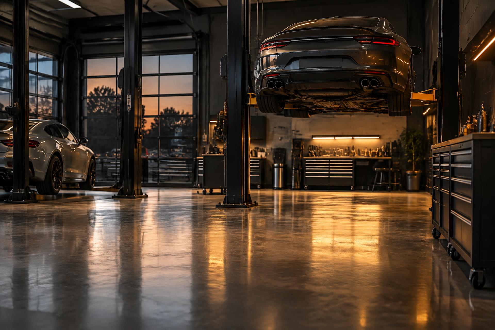 Service bay at GMR Elite Auto with a vehicle on the lift
